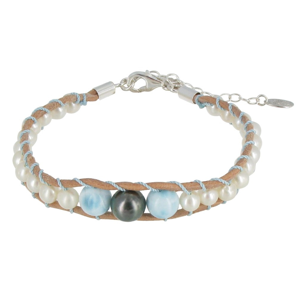 LES POULETTES BIJOUX Bracelet Cuir Naturel 1 Perle de Tahiti, 2 Perles de Larimar et