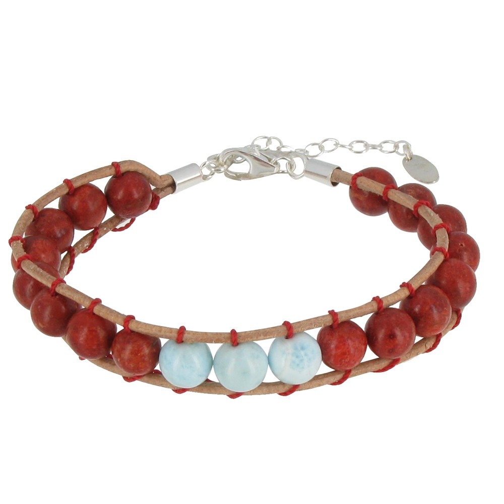 LES POULETTES BIJOUX Bracelet Cuir Naturel 3 Perles de Larimar et Perles Corail Rouge