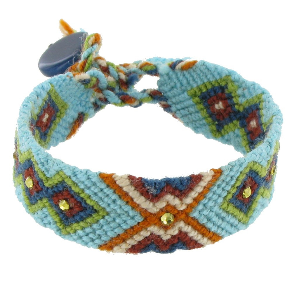 LES POULETTES BIJOUX V Bracelet Tissé Lena et Strass Bleu Ciel et Vert