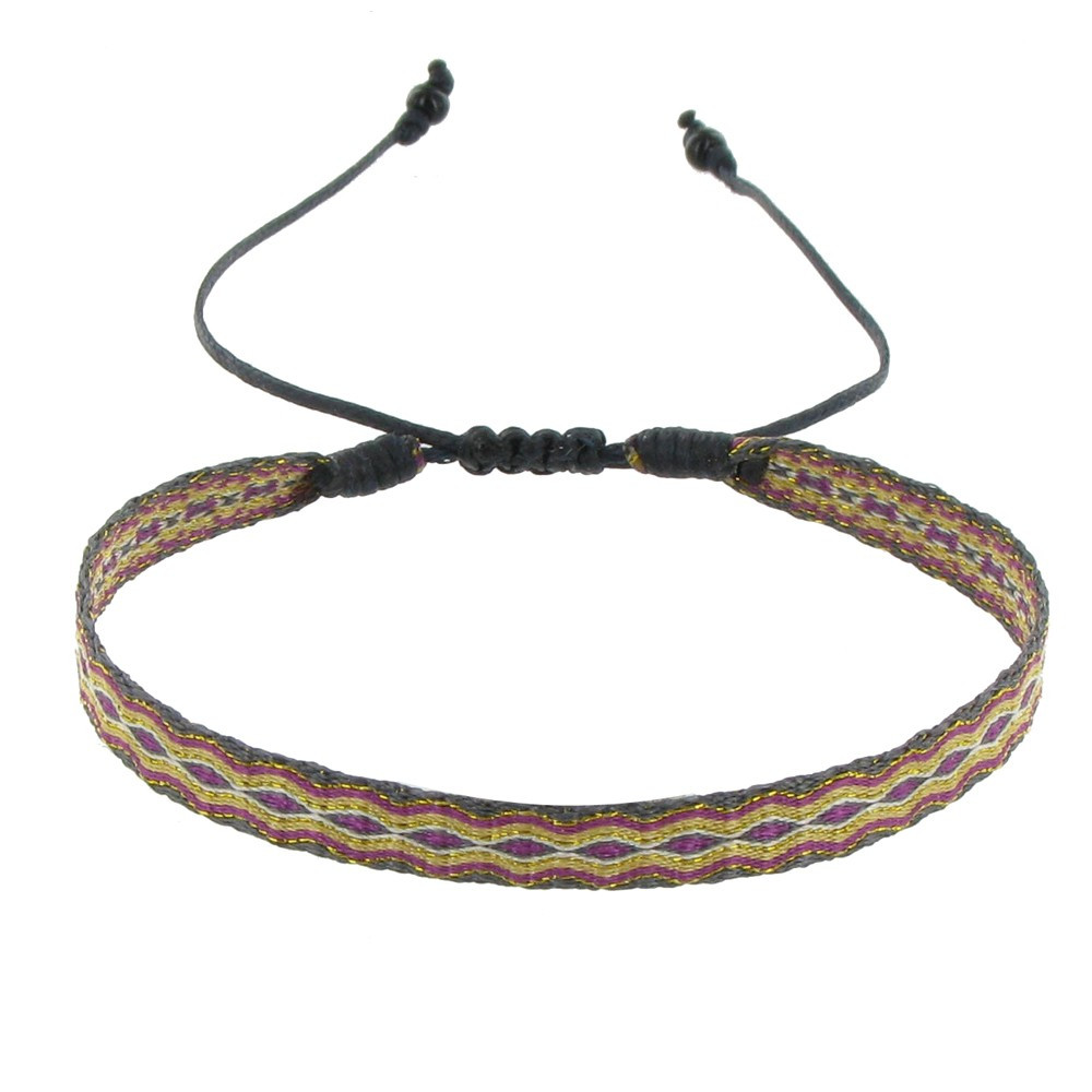 LES POULETTES BIJOUX Bracelet Tissé Gris et Violet Lien Coulissant Noir