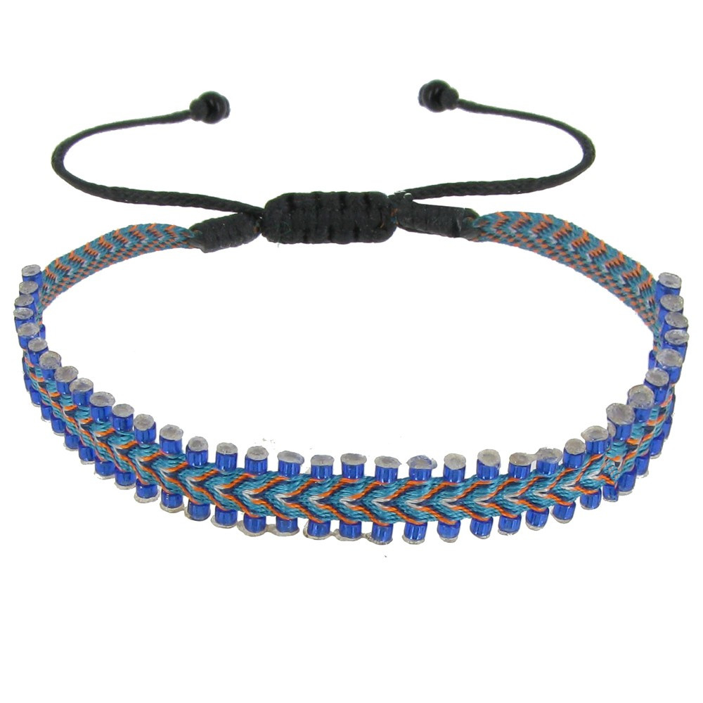 LES POULETTES BIJOUX Bracelet Tissé Orange et Bleu Perles Bleu Foncé