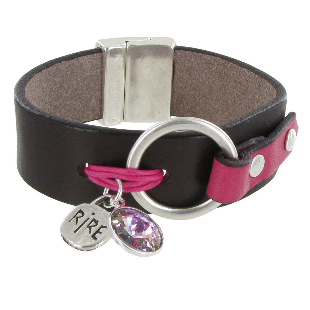 LES POULETTES BIJOUX Bracelet Cuir Marron Cristal et Médaille Rire - Colors - Fuchsia