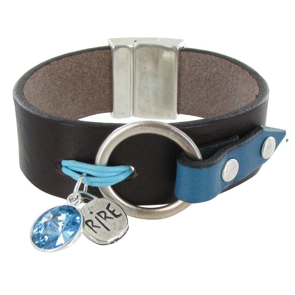 LES POULETTES BIJOUX Bracelet Cuir Marron Cristal et Médaille Rire - Classics - Bleu